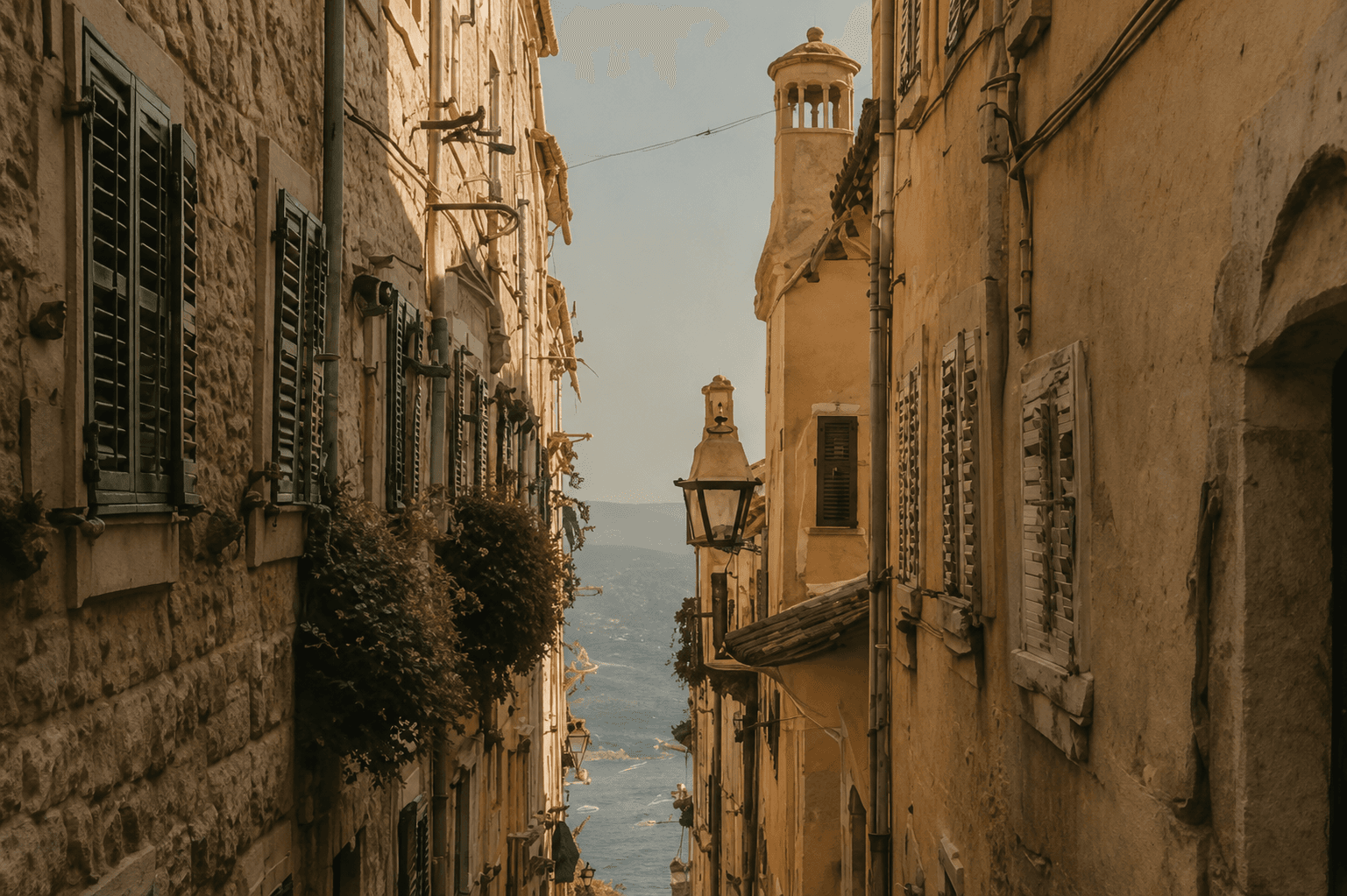 Late-afternoon light in a stone alley of Corfu old town